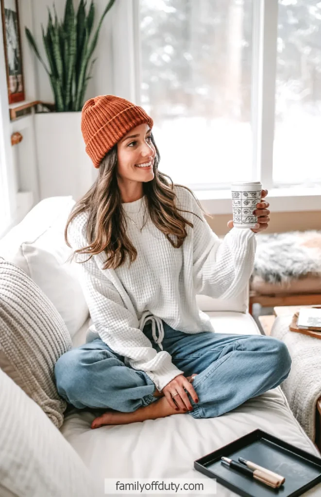 Woman in cozy sweater and hat, sipping coffee on a sofa, enjoying a relaxing winter day indoors.