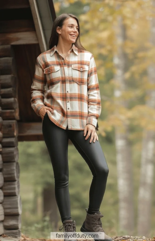 Woman in plaid shirt and leggings standing by a cabin in the woods during autumn.
