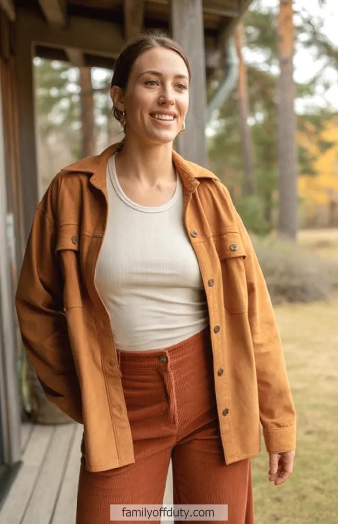 Smiling woman in brown jacket outdoors, standing on a porch with trees in the background.
