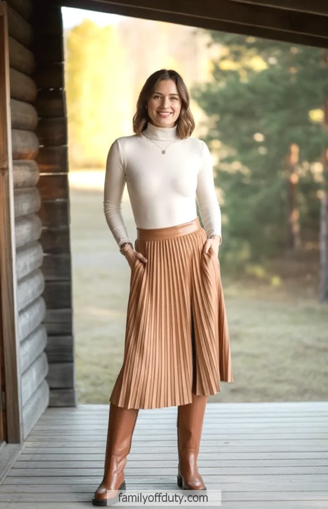 Woman in elegant beige outfit and boots smiling on a rustic porch with a forest backdrop.