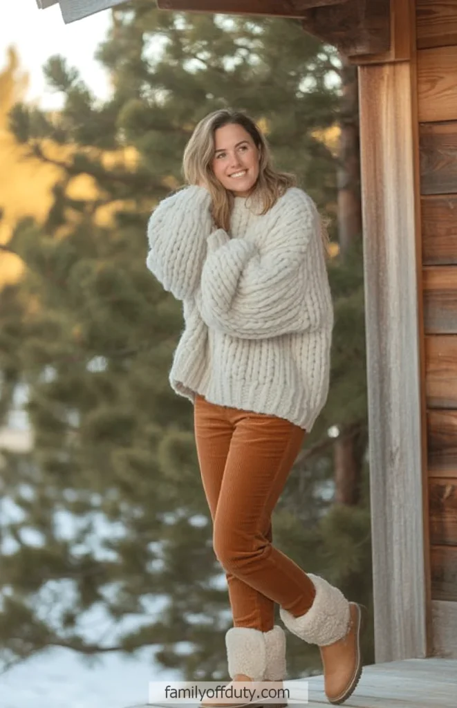 Woman in cozy sweater and boots, standing on a porch during winter, surrounded by snow and trees.