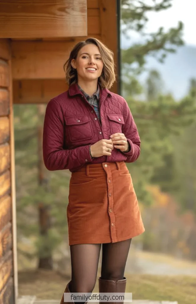Woman in fall fashion outfit with a burgundy jacket and brown skirt, standing outside a rustic cabin.