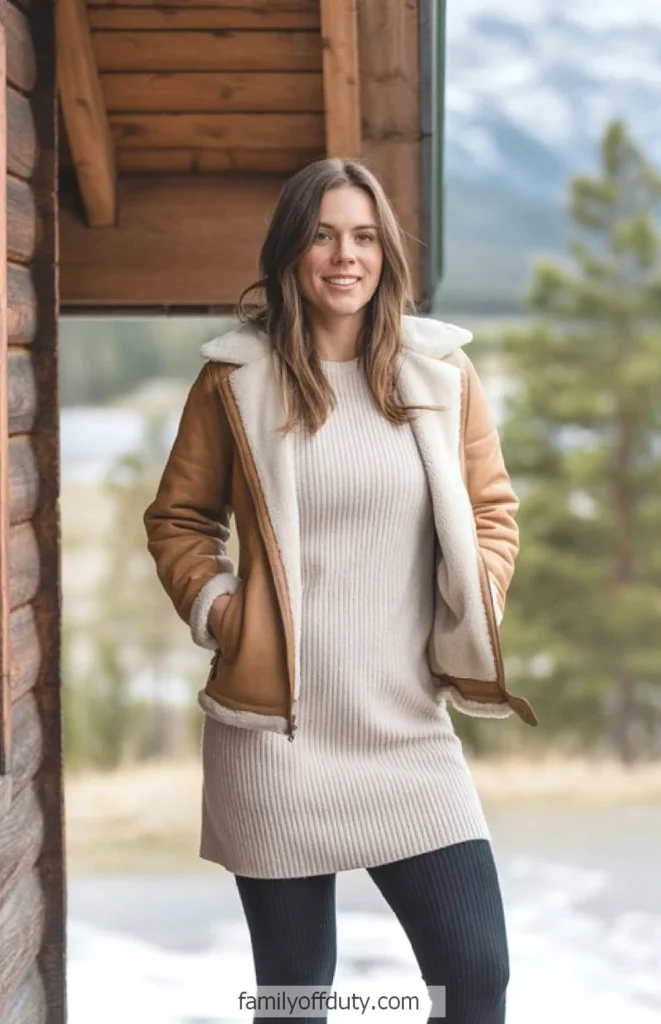 Woman in a cozy jacket standing by a wooden cabin with a scenic mountain background.