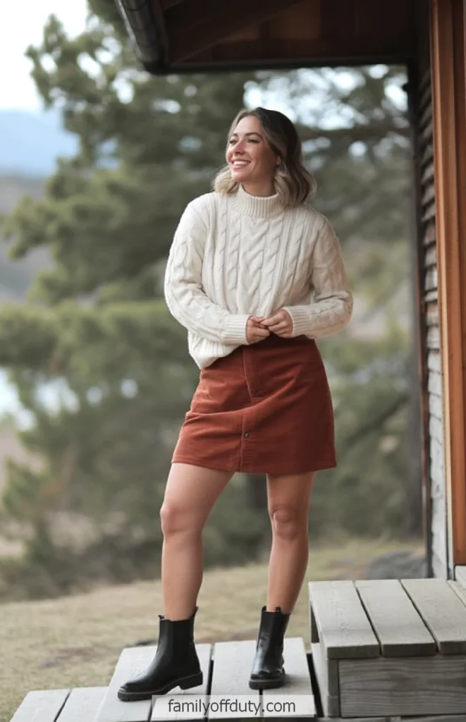 Woman in cozy sweater and skirt smile on cabin porch, enjoying the outdoors.