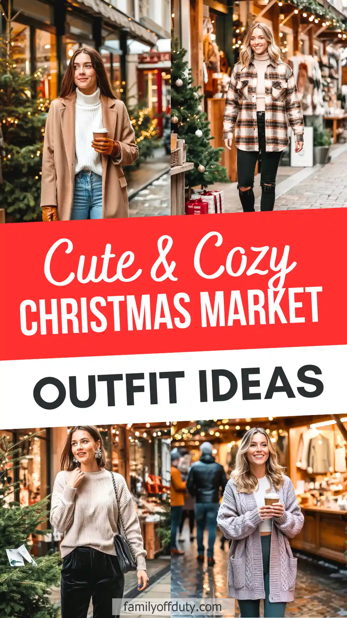Women in stylish winter outfits at a Christmas market, perfect for cozy holiday fashion ideas.