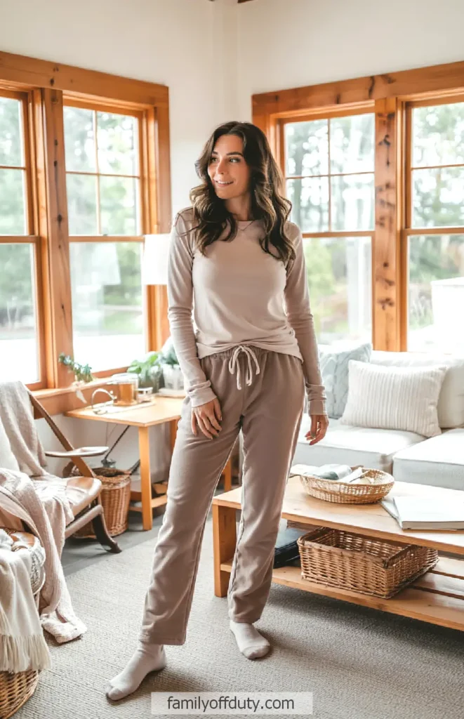 Woman in cozy loungewear smiling in a bright living room with natural wood accents and comfy decor.