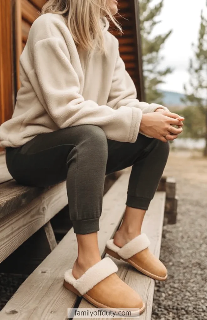 Casual outfit featuring fleece sweater, sweatpants, and cozy slippers, perfect for relaxing outdoors on a wooden bench.