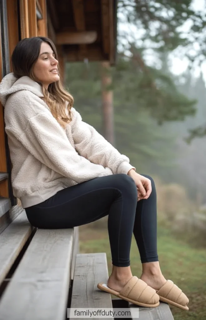 Woman in a cozy hoodie relaxing on cabin steps, surrounded by nature, enjoying serene outdoor scenery.