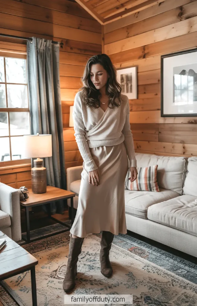 Woman in cozy cabin wearing a beige sweater and skirt, standing near a couch and lamp.