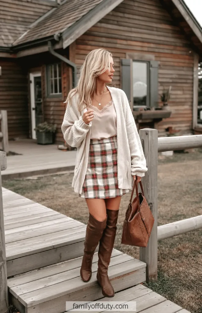 Woman in plaid skirt and boots, holding a tote bag, standing on a wooden deck in front of a rustic house.