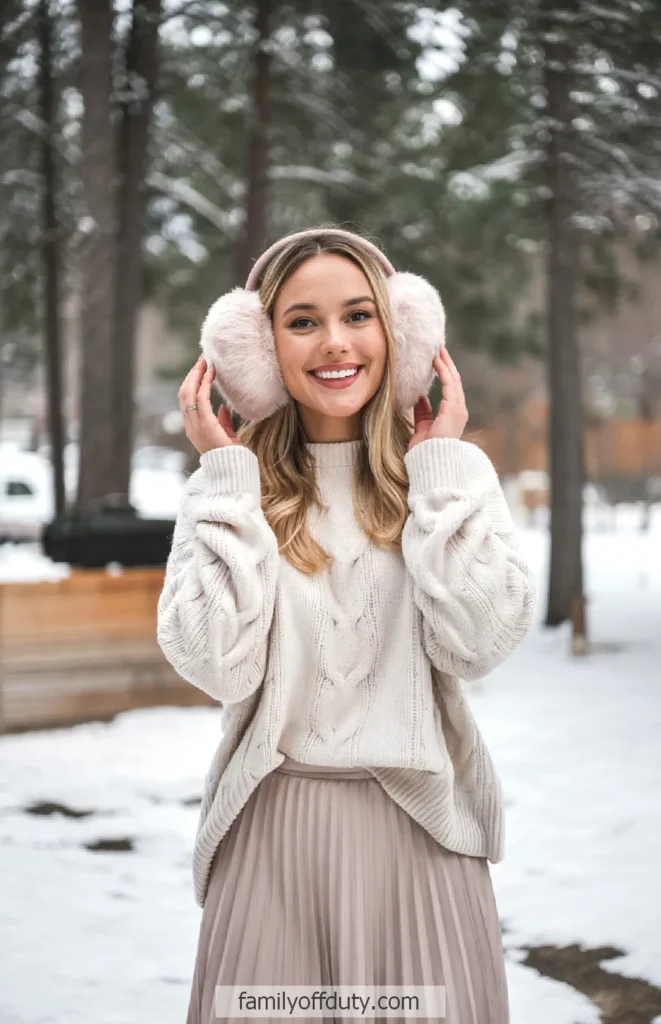 Smiling woman in cozy sweater and earmuffs enjoying snowy winter forest.