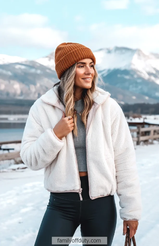 Woman in fluffy white jacket and beanie stands in snowy mountain landscape, smiling on a bright winter day.