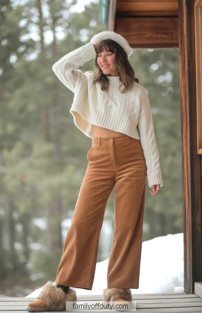 Woman in cozy winter outfit with white sweater and brown pants poses on snowy cabin porch.
