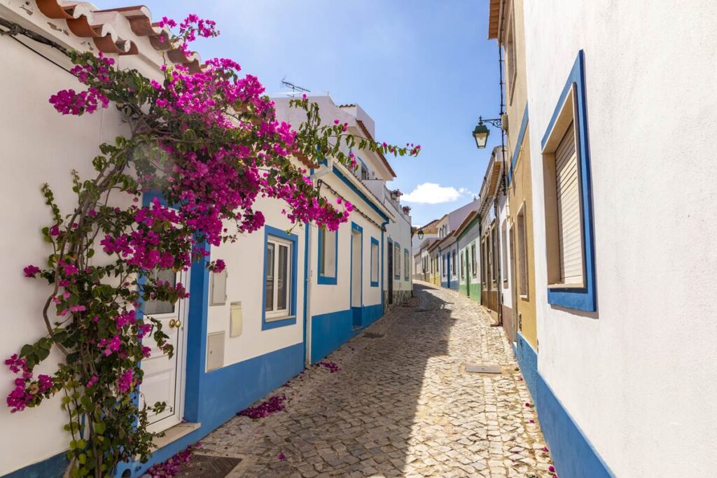 Charming cobblestone street with colorful houses and blooming bougainvillea under a clear blue sky.