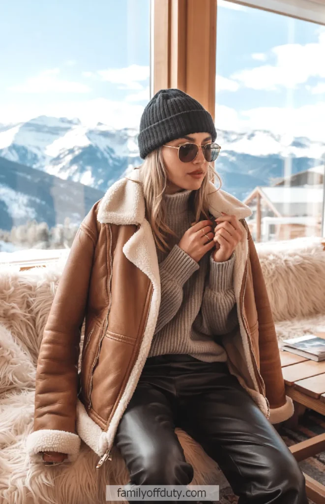 Stylish woman in a cozy cabin, wearing a brown shearling jacket and black beanie with snowy mountain view.