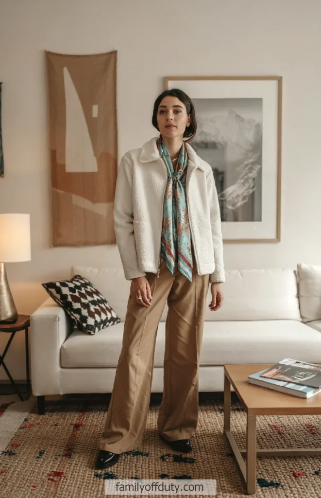 Woman in white jacket and scarf stands in living room. Cozy decor with sofa and coffee table. Fashionable autumn outfit.