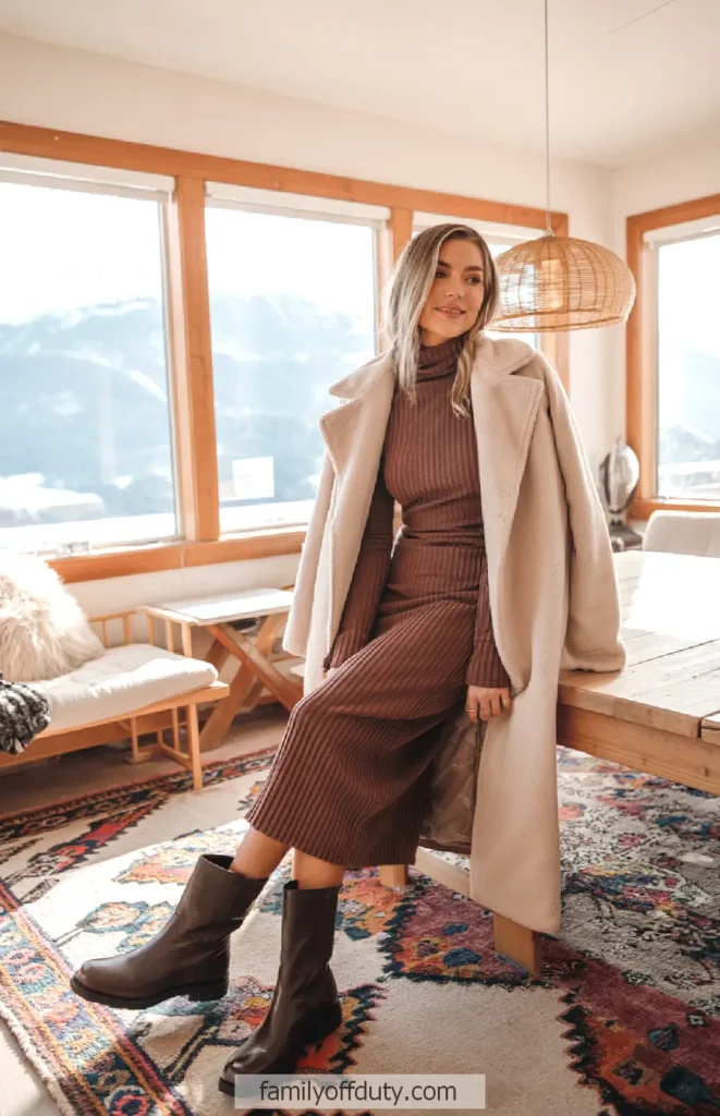 Woman in beige coat and sweater dress standing in stylish living room.