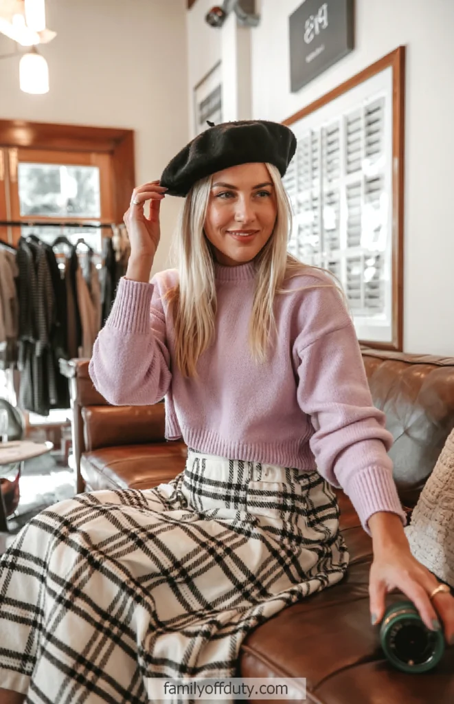 Woman in lavender sweater and plaid skirt adjusts black beret, sitting on a brown leather couch in stylish room.