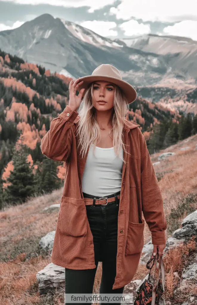 Blonde woman in autumn outfit with hat stands in mountain landscape with fall foliage.