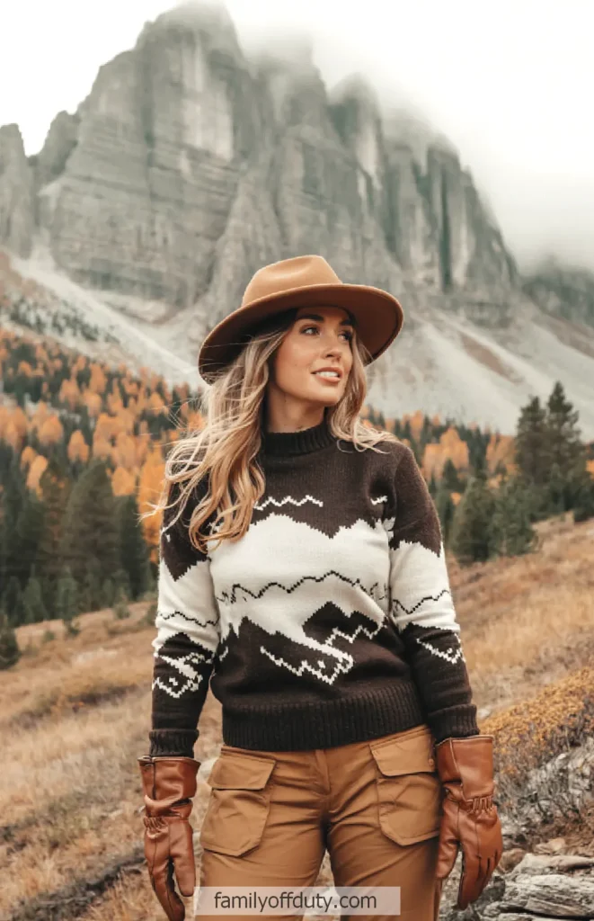 Woman in a hat and sweater enjoying a scenic mountain view in autumn.