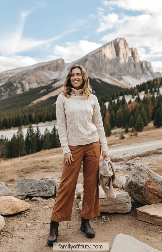 Woman smiling in cozy sweater with scenic mountain background.