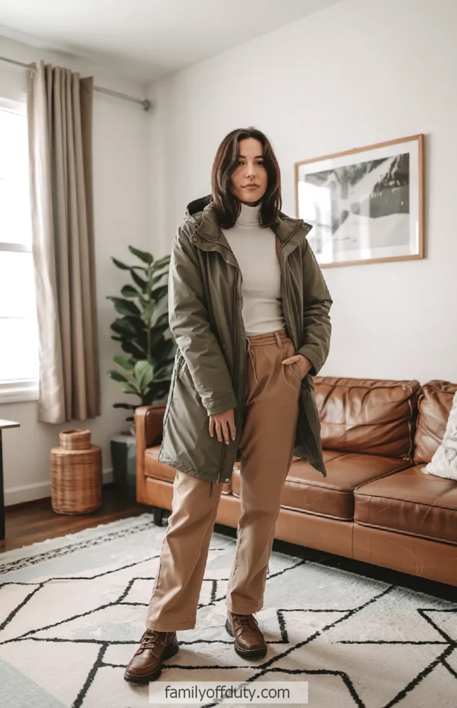 Woman in casual fall outfit, wearing green coat and beige pants, standing in stylish modern living room.