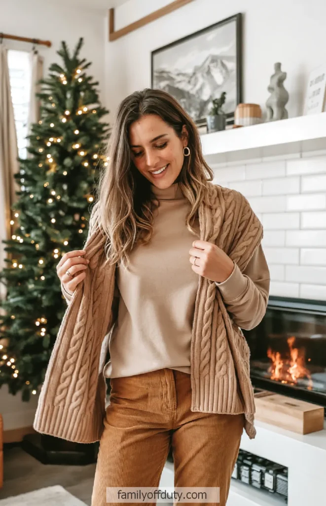 Woman in cozy sweater by a fireplace, smiling, with a Christmas tree in the background.