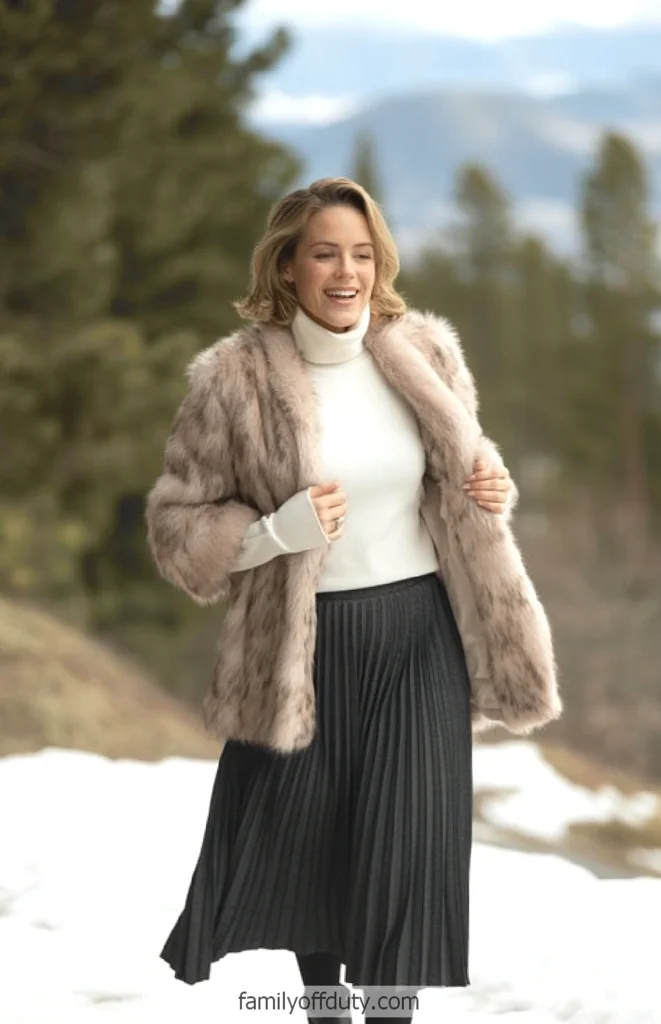 Woman in a fur coat and turtleneck enjoying snowy mountain landscape.