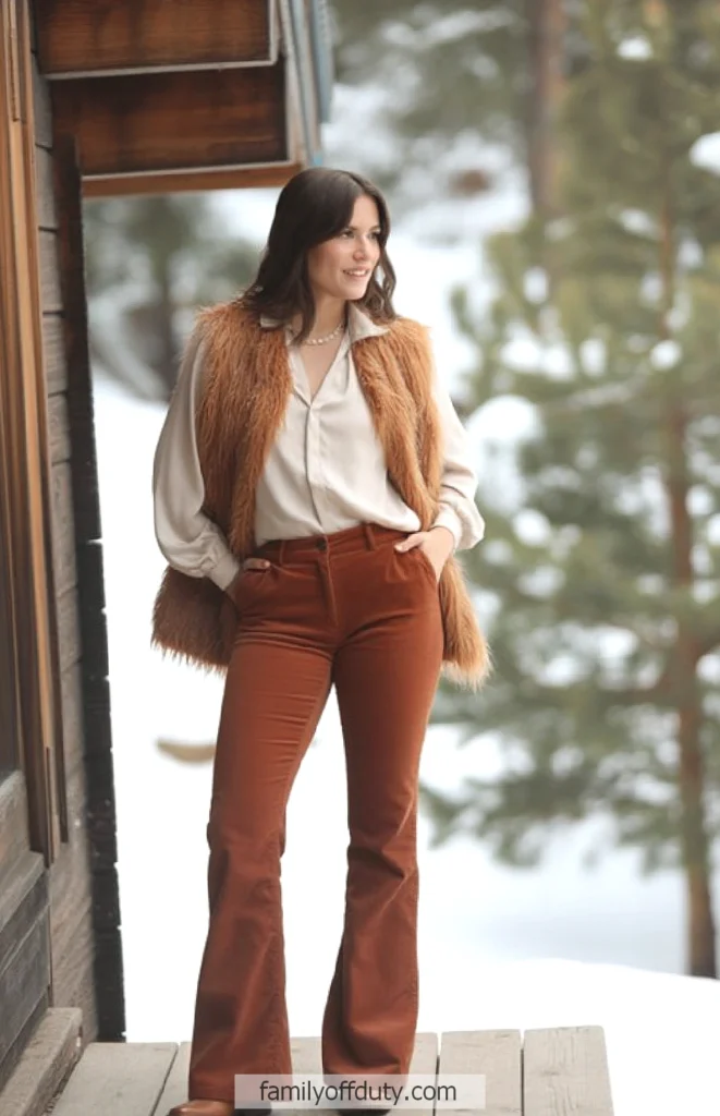 Woman in winter fashion: white blouse, brown vest, and pants, standing on a snowy porch.