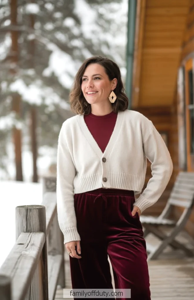 Smiling woman in cozy winter wear on snowy cabin porch, wearing white cardigan and red velvet pants.