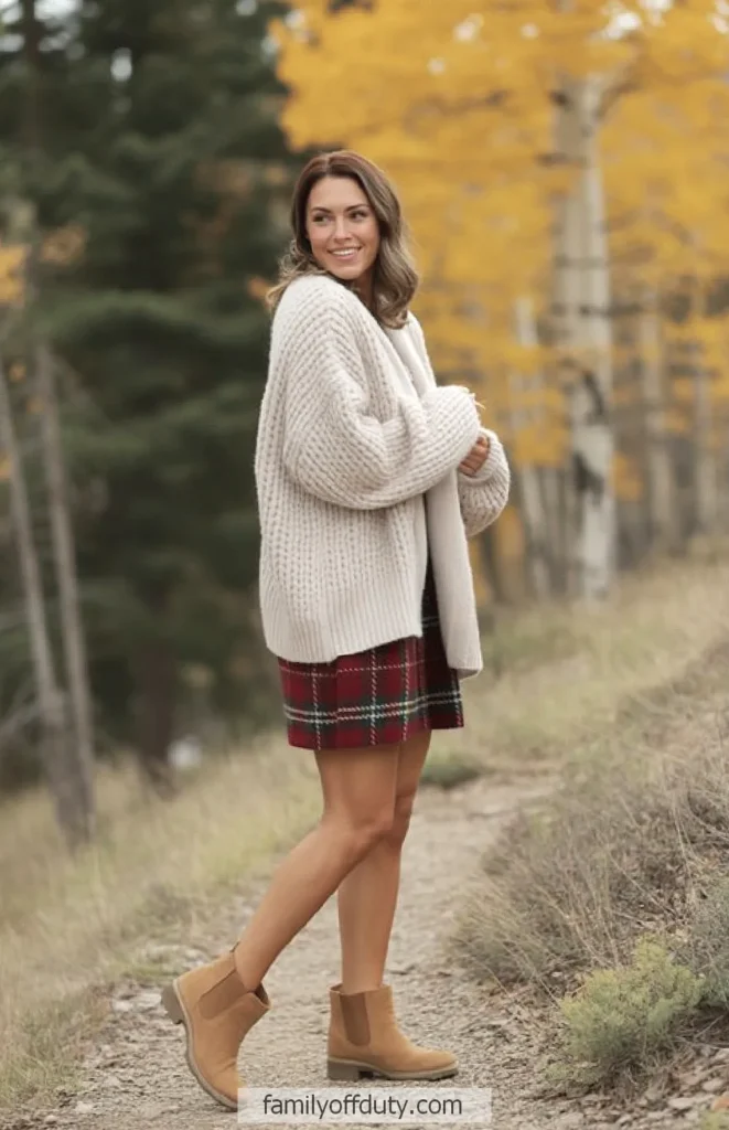 Woman in cozy sweater and plaid skirt walks a forest path in autumn.