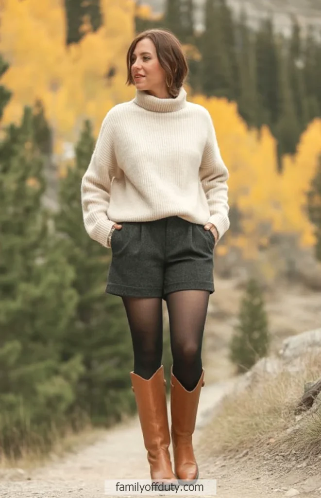 Woman in cozy sweater and boots enjoying autumn nature on a scenic trail with vibrant foliage.