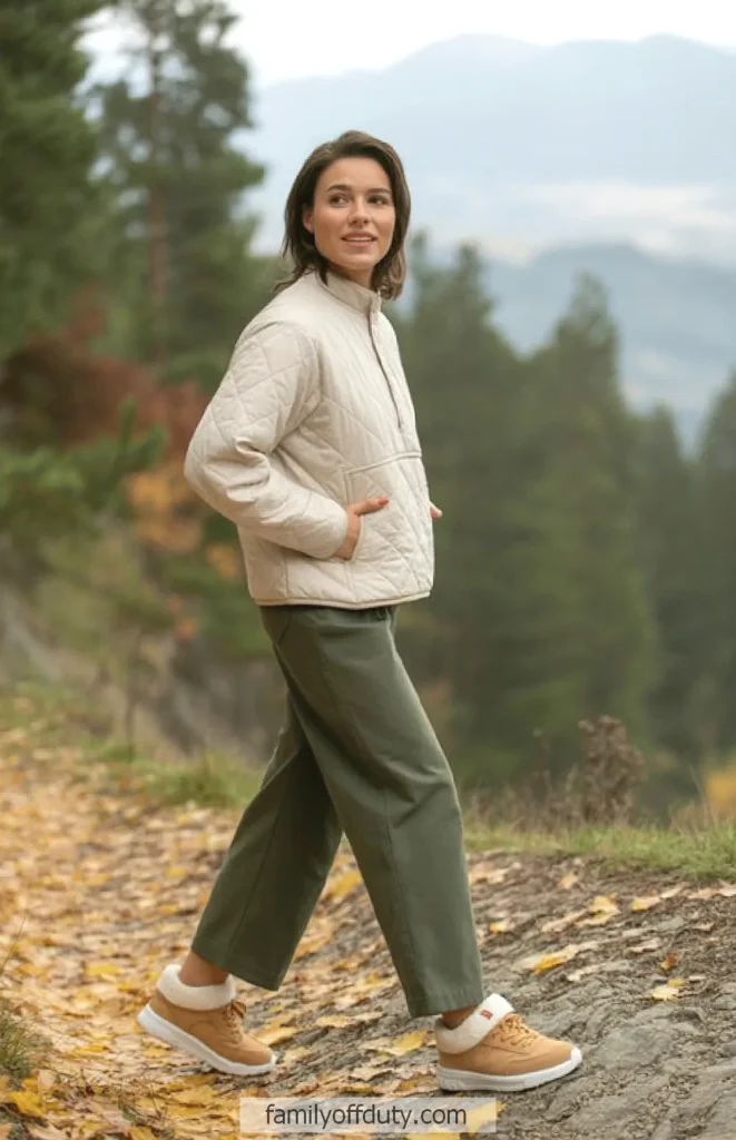 Woman hiking in autumn forest, wearing a beige jacket and green pants, enjoying nature.