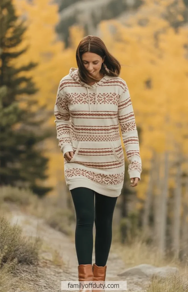 Woman in patterned hoodie walking on a forest path with yellow trees in autumn.