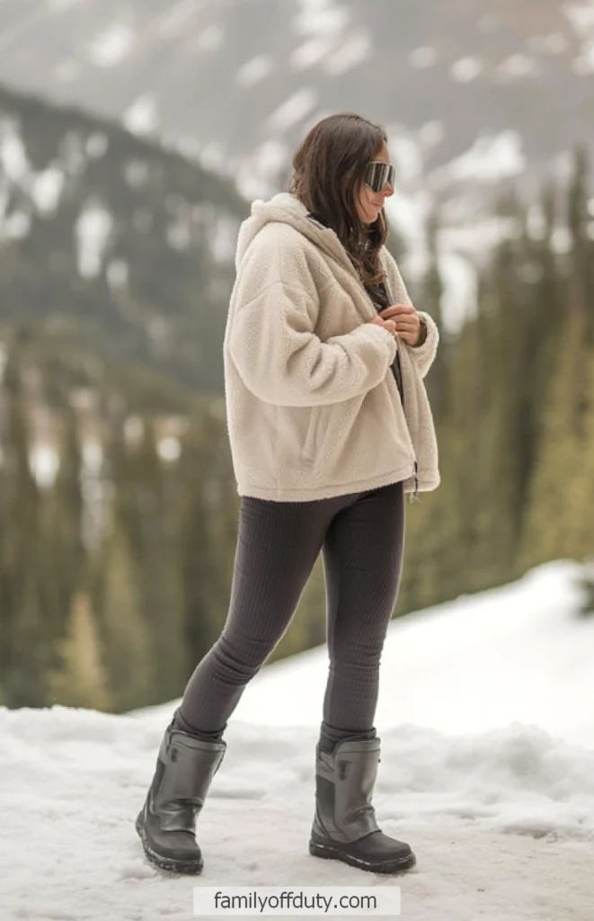 Woman in winter outfit standing in snowy landscape, wearing fleece jacket, leggings, and boots.