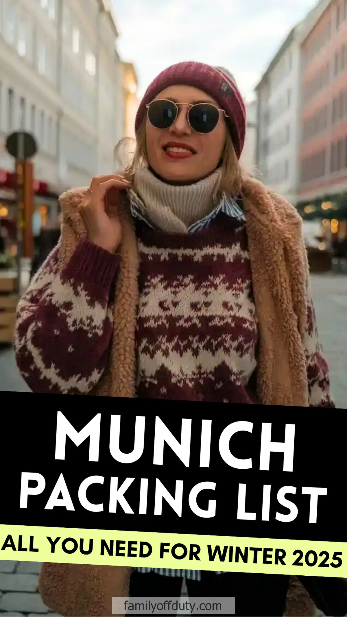 Woman in warm clothes for winter in Munich street, promoting a packing list for 2025.