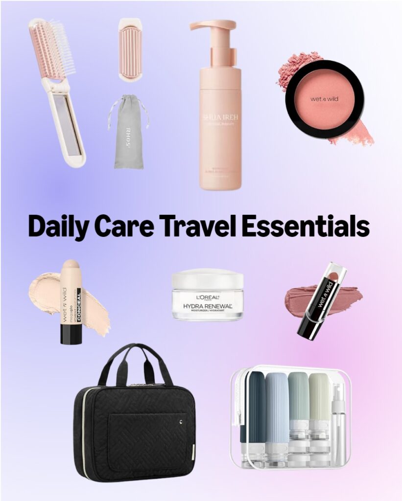 Daily care travel essentials: brush, skincare, makeup, and toiletry kit on gradient background.