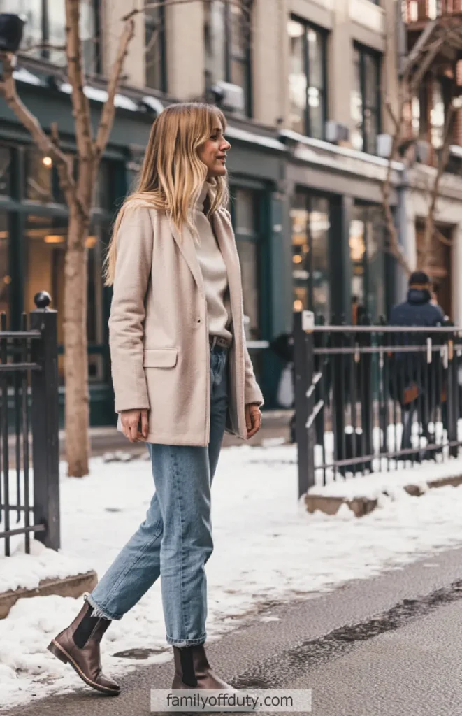 Woman in winter fashion, beige coat, and jeans, walking on snowy city street.
