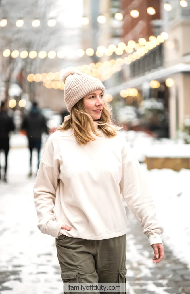 Woman in winter attire walking on snowy street with festive lights in background.