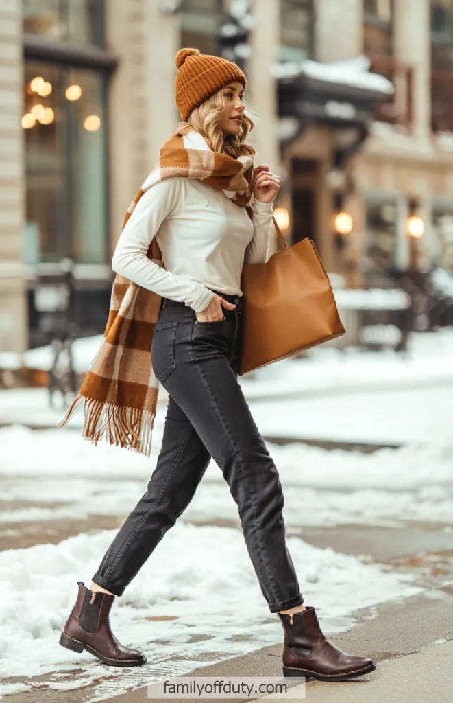 Winter fashion: woman in beanie, scarf, and boots walking in snowy city street.