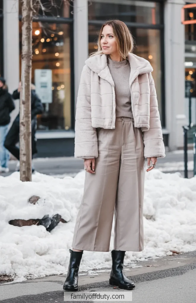 Stylish woman in winter clothing standing on snowy street, wearing a beige outfit, fur jacket, and black boots.