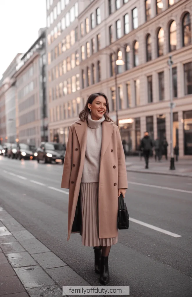 Woman in stylish beige coat walking on city street at dusk.