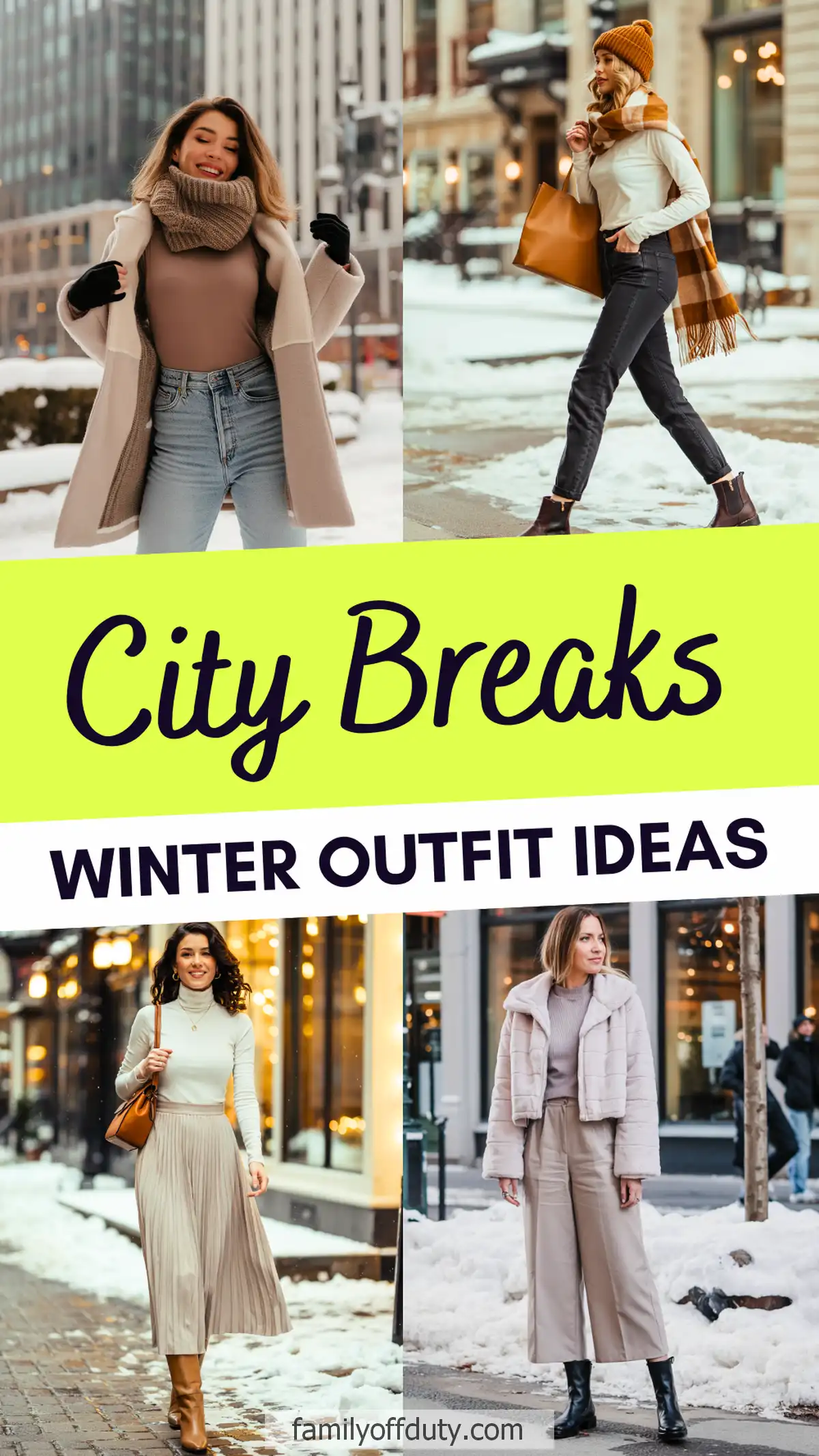 City winter outfit ideas for women, featuring stylish coats, scarves, and boots for snowy urban settings.