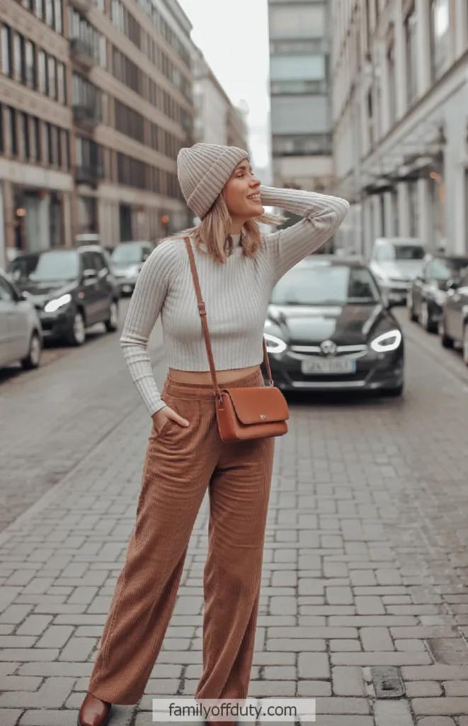 Stylish woman in autumn outfit standing on cobblestone street, wearing a beanie and brown pants.