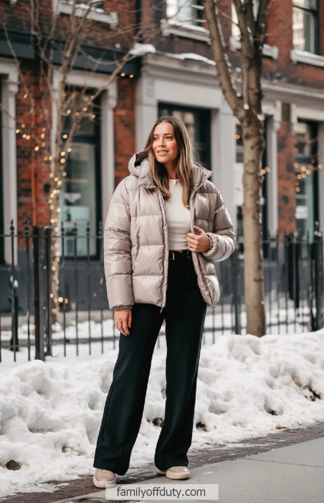 Woman in winter coat and black pants smiling on snowy city street.