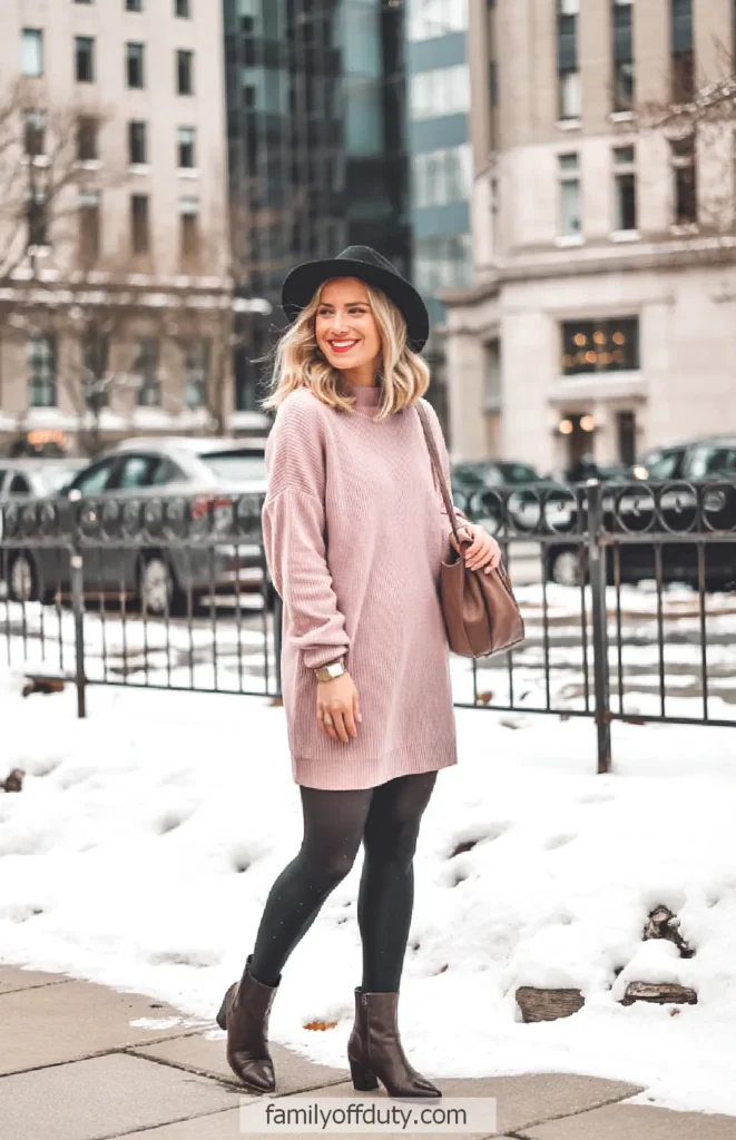 Woman in pink sweater dress and black hat walking on snowy city sidewalk.