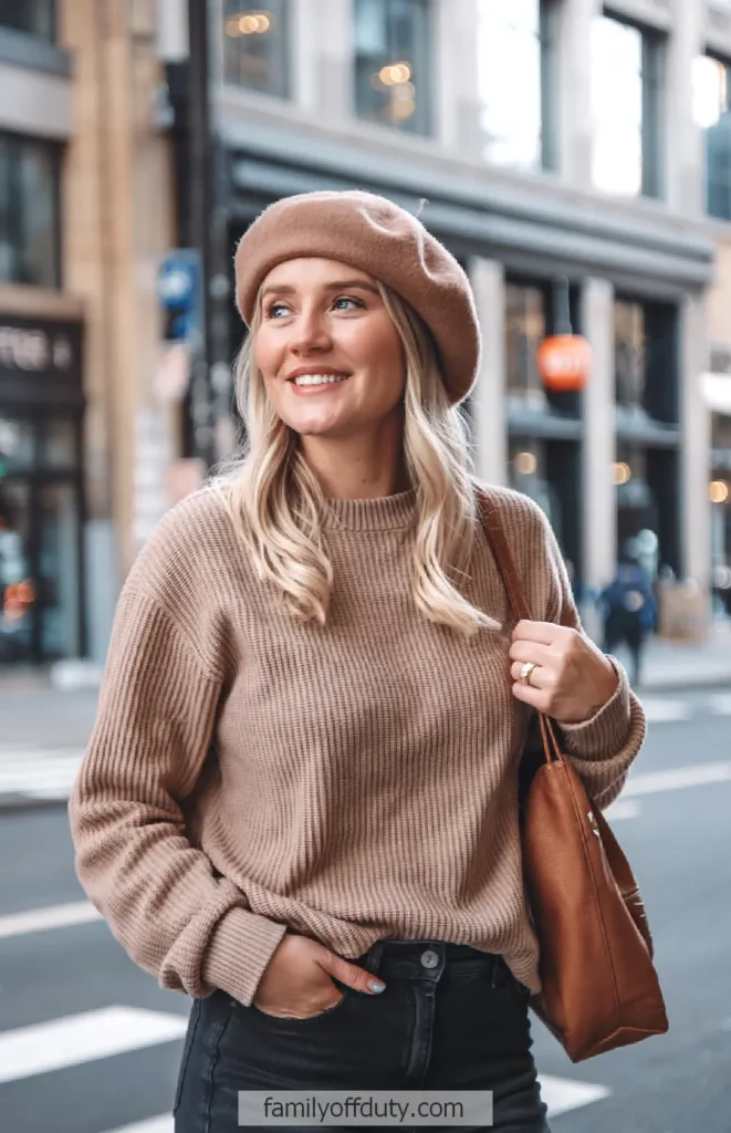 Smiling woman in beige sweater and beret with brown bag on city street.