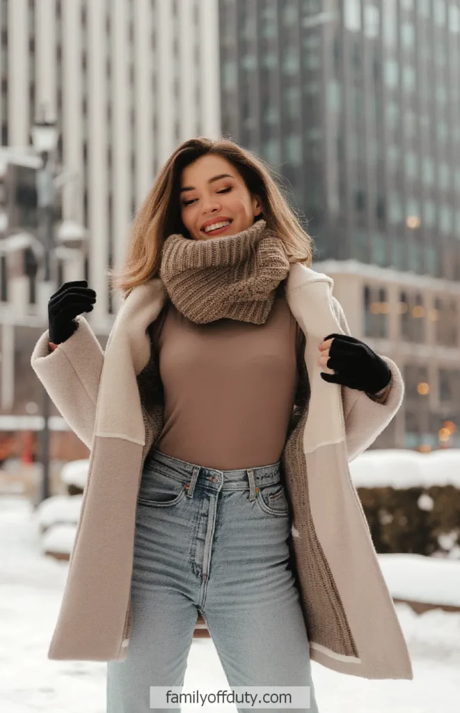 Stylish woman in winter coat and scarf smiles in snowy urban setting.