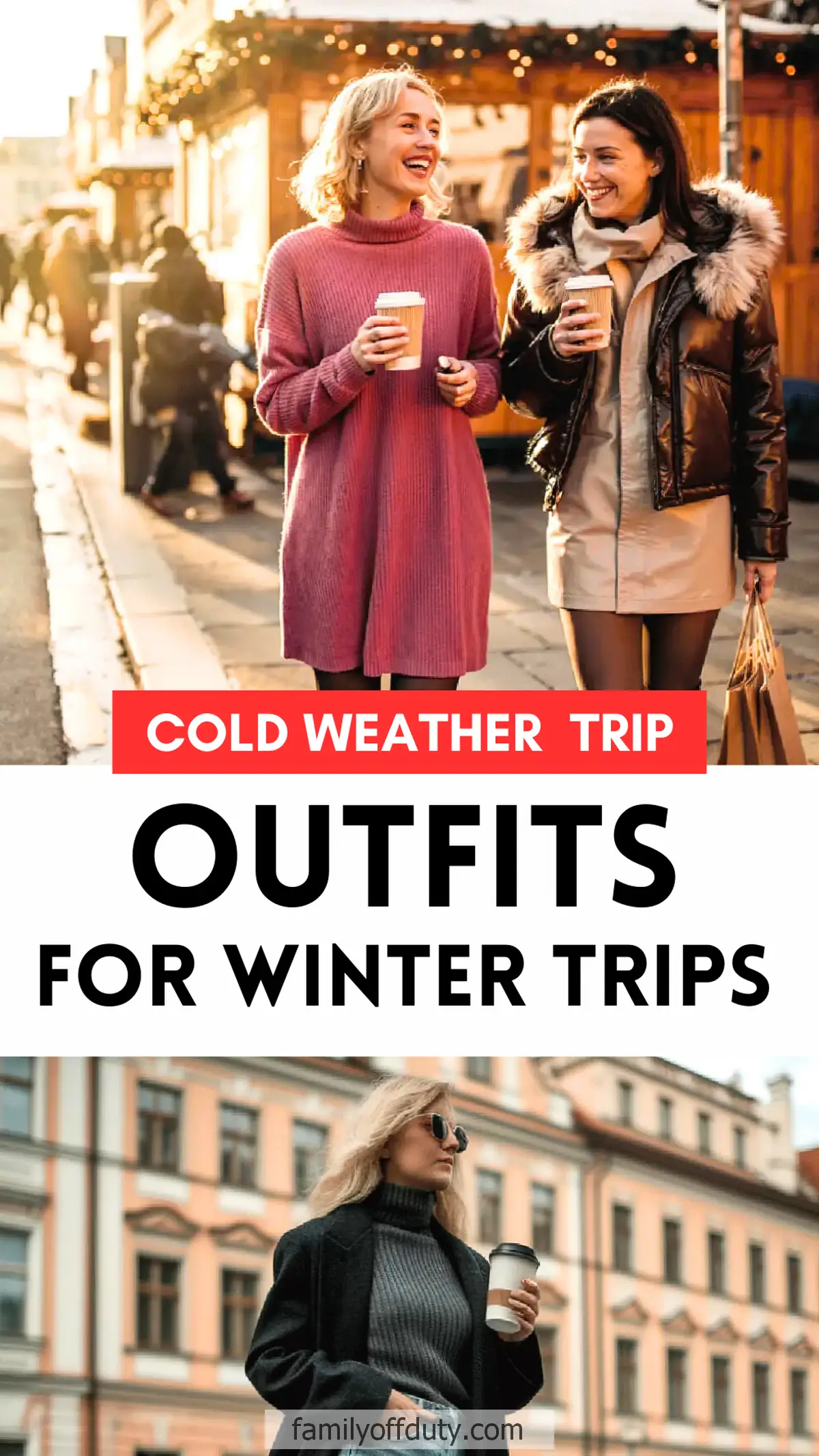 Women enjoy winter outings in stylish cold-weather outfits, holding coffee and shopping bags.