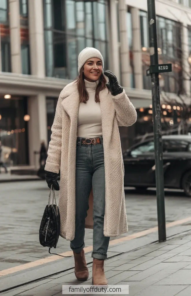 Woman in cozy winter outfit walking in city, wearing a white coat, jeans, and boots, holding a black bag.